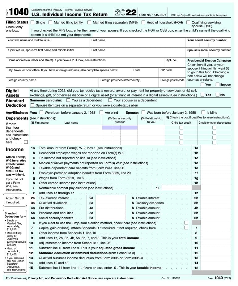 Irs Form 1040 2023 For 2022 Taxes Instructions Printable Forms Free