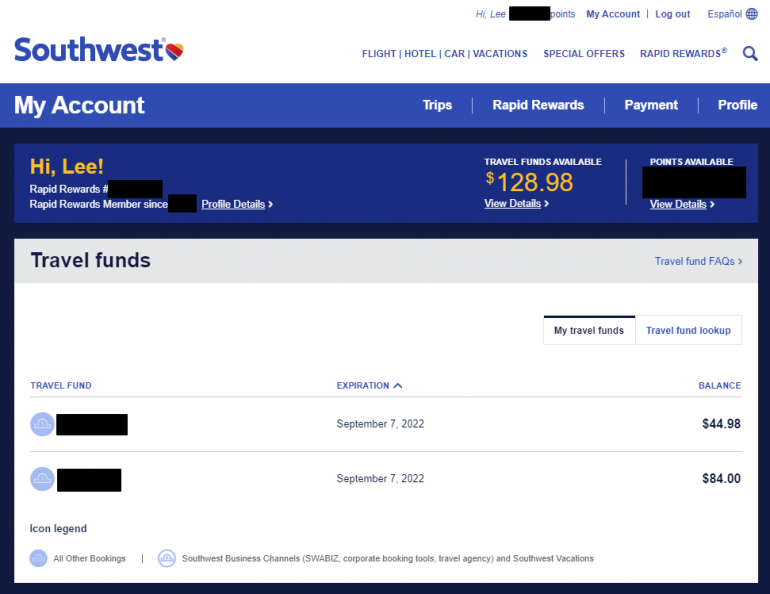 southwest add travel funds to account