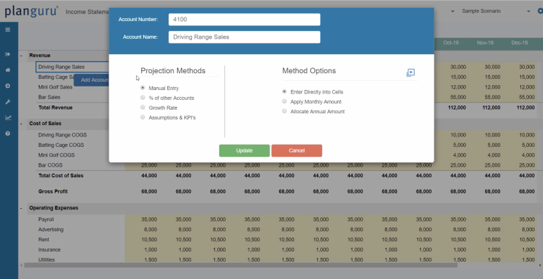 Example of forecasting within PlanGuru's budgeting software shows the option to select from several projection methods and to choose one of three method options