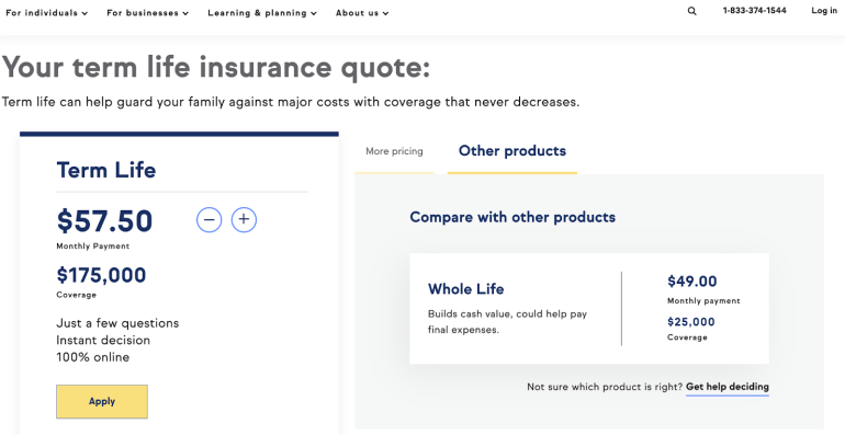A screenshot of a life insurance quote from TruStage.