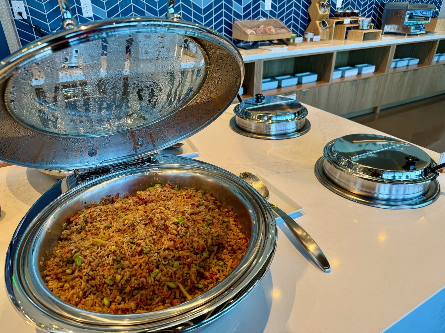 Alaska Lounge SFO San Francisco fried rice hot food complimentary