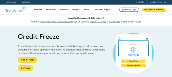 TransUnion credit freeze landing page