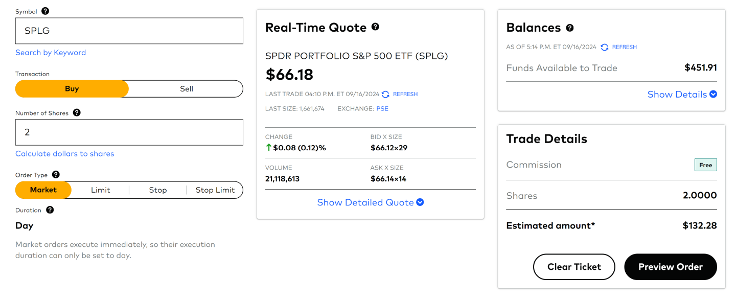 A screenshot of an in-progress ETF buy order in a Vanguard account, illustrating how to invest in ETFs