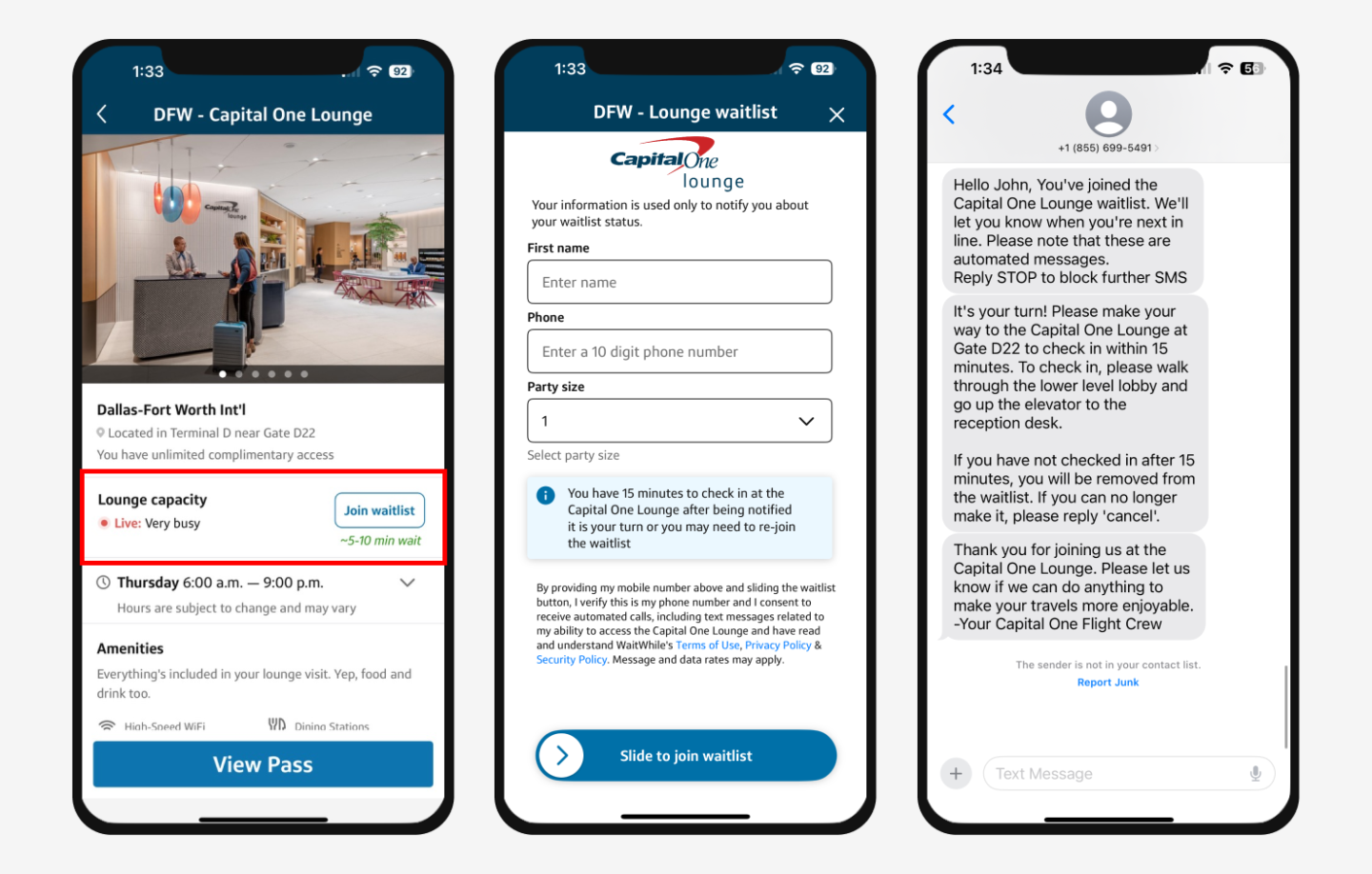 DEN Denver Capital One Lounge waitlist app