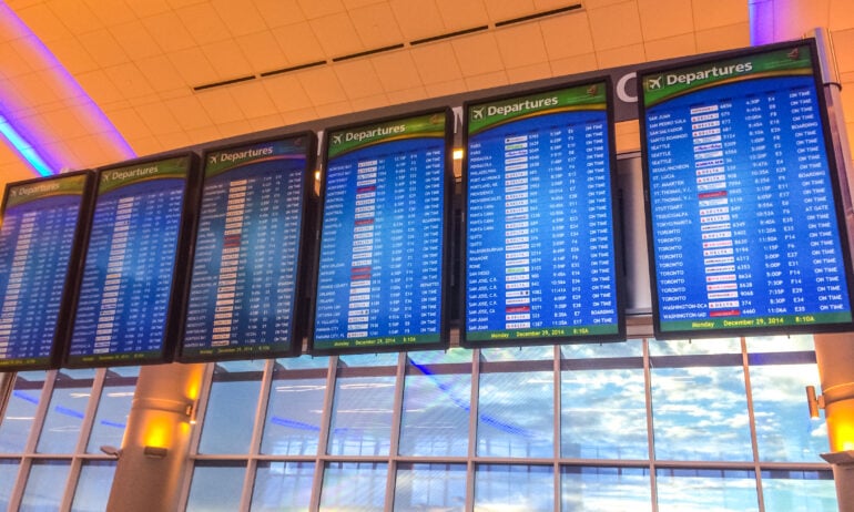 Atlanta, USA - December 29, 2014: Departures Board at Atlanta Airport, USA