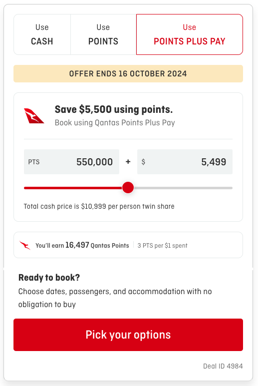 Booking the ‘Iconic Northern Lights Rail & Sail’ tour and cruise using the Points Plus Pay option costs 550,000 points and ,499, earning 16,497 Qantas points. Prices shown on qantas.com/holidays/deals as of 12 September, 2024.