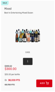 A mixed variety — Best in Entertaining Mixed Dozen — costing 36,000 Qantas points. Prices shown on wine.qantas.com as of 12 September, 2024.