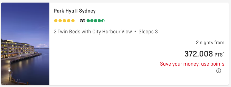 Two nights (1-2, November 2024) in Sydney at Park Hyatt Sydney costing 372,008 Qantas points. Prices shown on qantas.com/hotels as of 11 September, 2024.