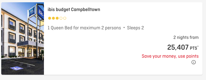 Two nights (1-2, November 2024) in Sydney at ibis budget Campbelltown costing 25,407 Qantas points. Prices shown on qantas.com/hotels as of 11 September, 2024.