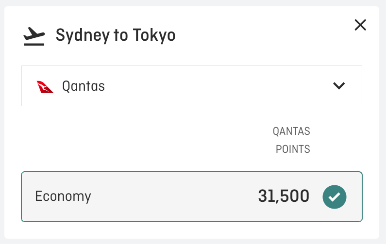 A one-way economy flight from Sydney to Tokyo costing 31,500 Qantas points. Prices shown on the Qantas Classic Flight Rewards calculator for Bronze Status members, as of 11 September, 2024.