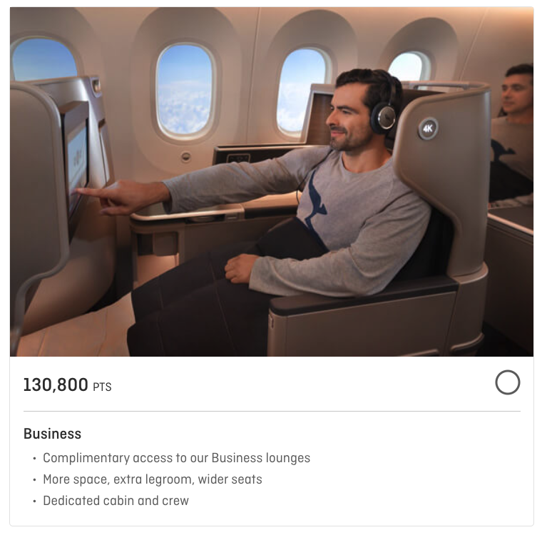 An upgrade from economy to business for a one-way flight from Sydney to London costing 130,800 Qantas points. Price shown on the Classic Upgrade Reward Calculator as of 11 September, 2024.