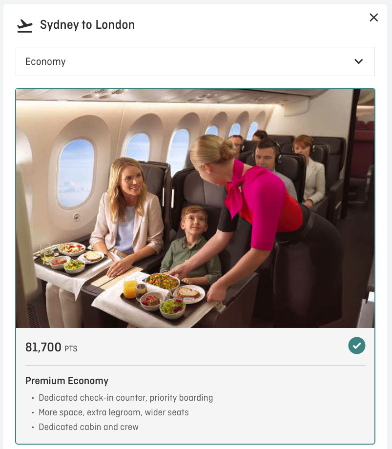 An upgrade from economy to premium economy for a one-way flight from Sydney to London costing 87,700 Qantas points. Price shown on the Classic Upgrade Reward Calculator as of 11 September, 2024.