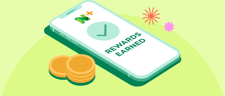 illustration of a cell phone displaying the NerdWallet logo, a green check mark, four coins, earbuds, stars, and text that says "Rewards earned"