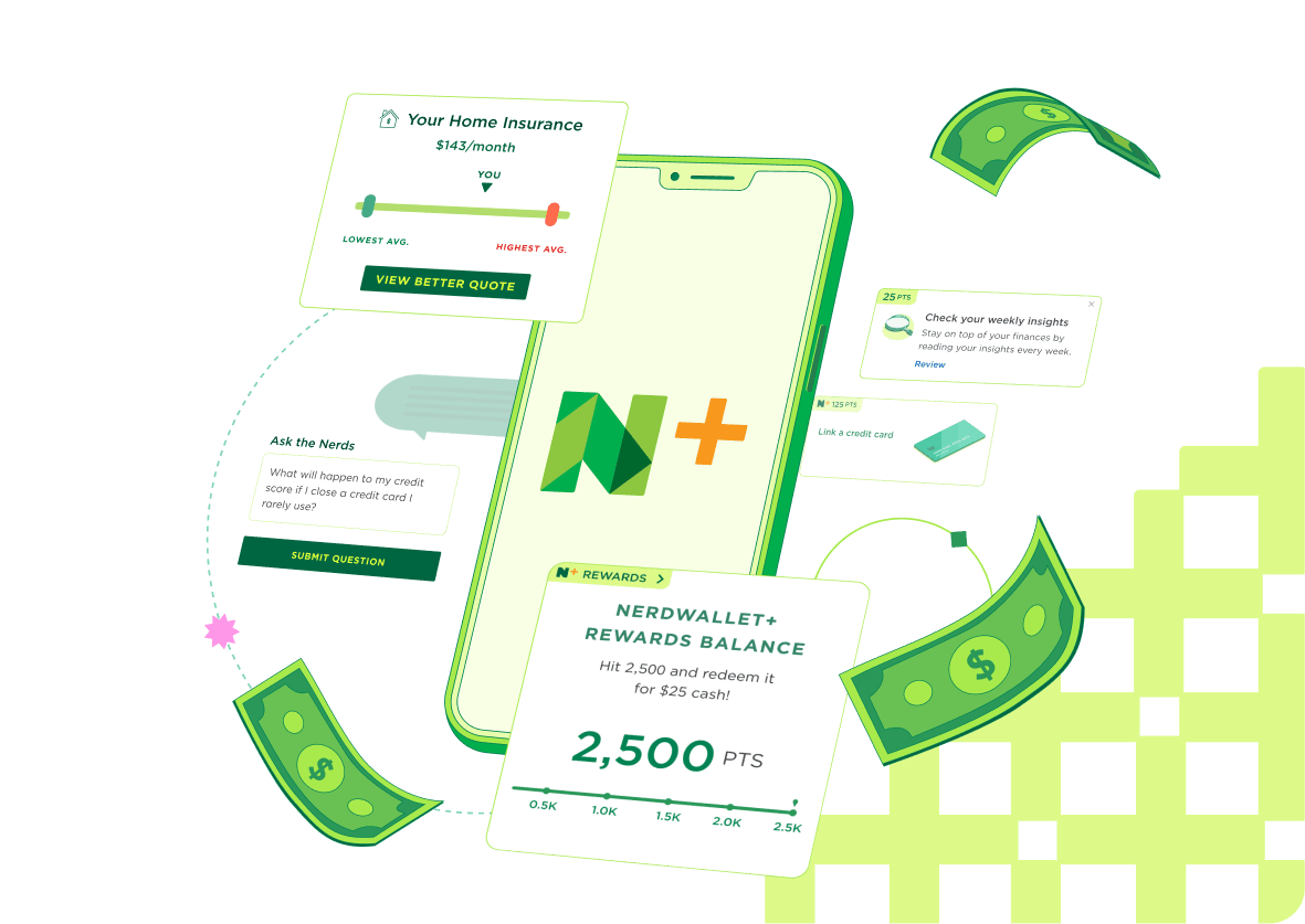 NerdWallet+ App showing a 2,500 pts rewards balance