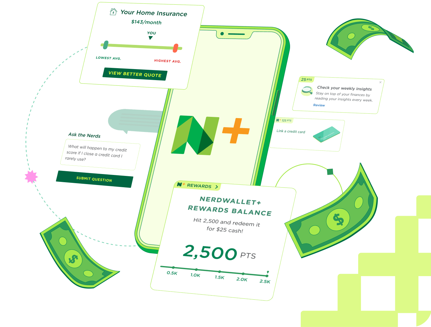 NerdWallet+ App showing a 2,500 pts rewards balance