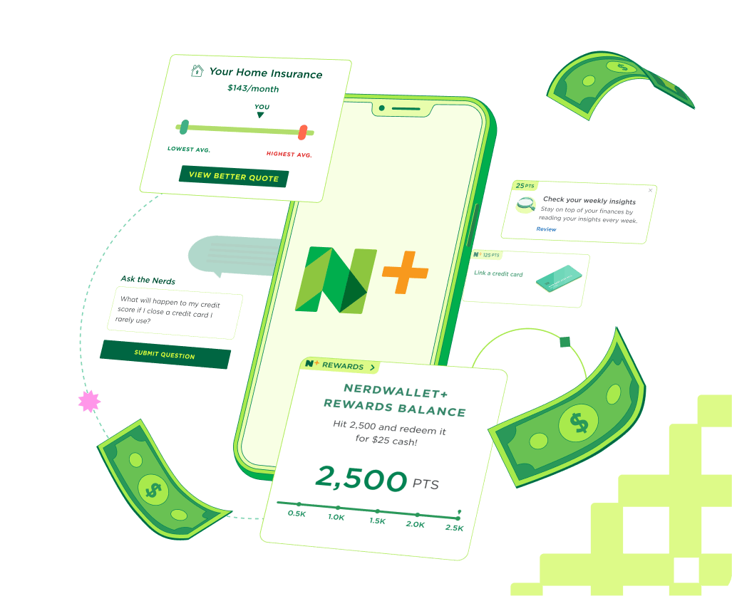 NerdWallet+ App showing a 2,500 pts rewards balance