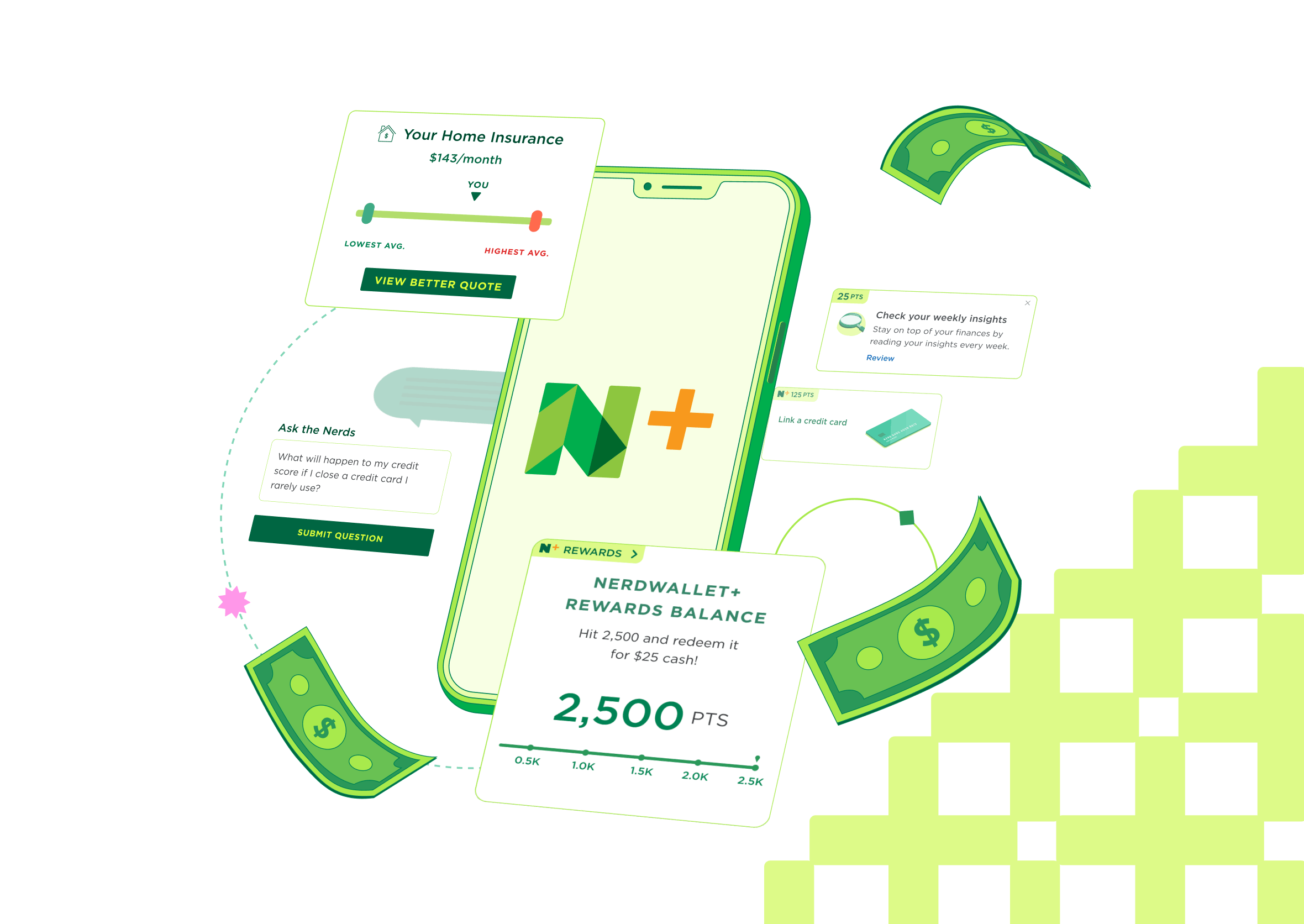 NerdWallet+ phone app showing 2,500 point rewards balance