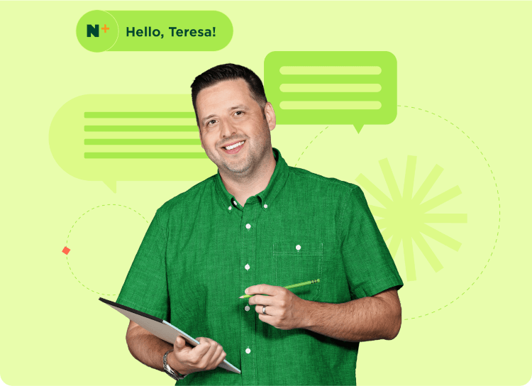 A Nerd greeting Nerdwallet+ user with: Hello, Teresa!