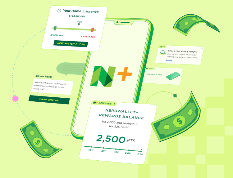 NerdWallet+ phone app showing 2,500 point rewards balance