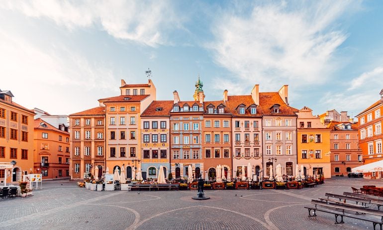 Multicolored vibrant houses at Rynek Starego Miasta (Old Town Market Square) in Warsaw, Poland