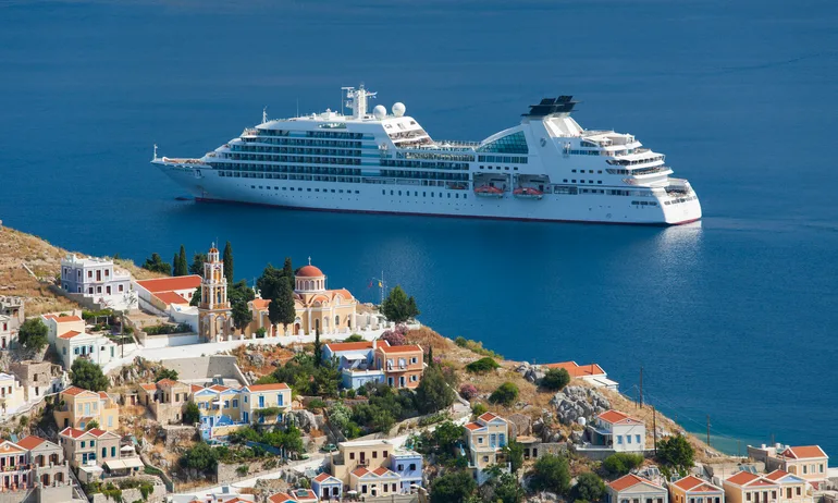 Cruise ship in the bay, Gialos, Symi, Greece