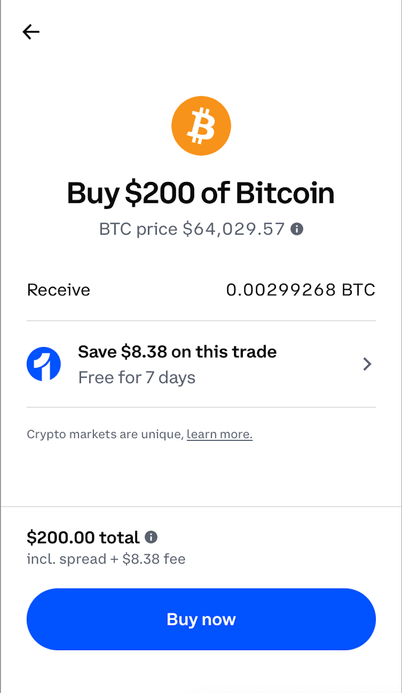 Here's what the screen looks like if you purchase $200 worth of BTC with a debit card.