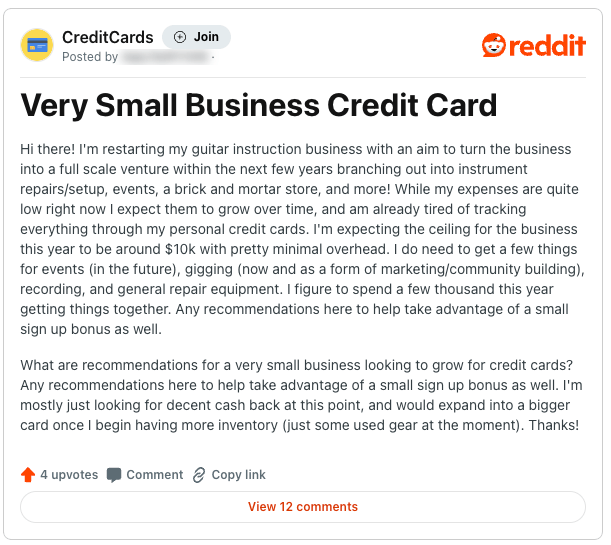 A Reddit user asks for business credit card recommendations for a very small business.