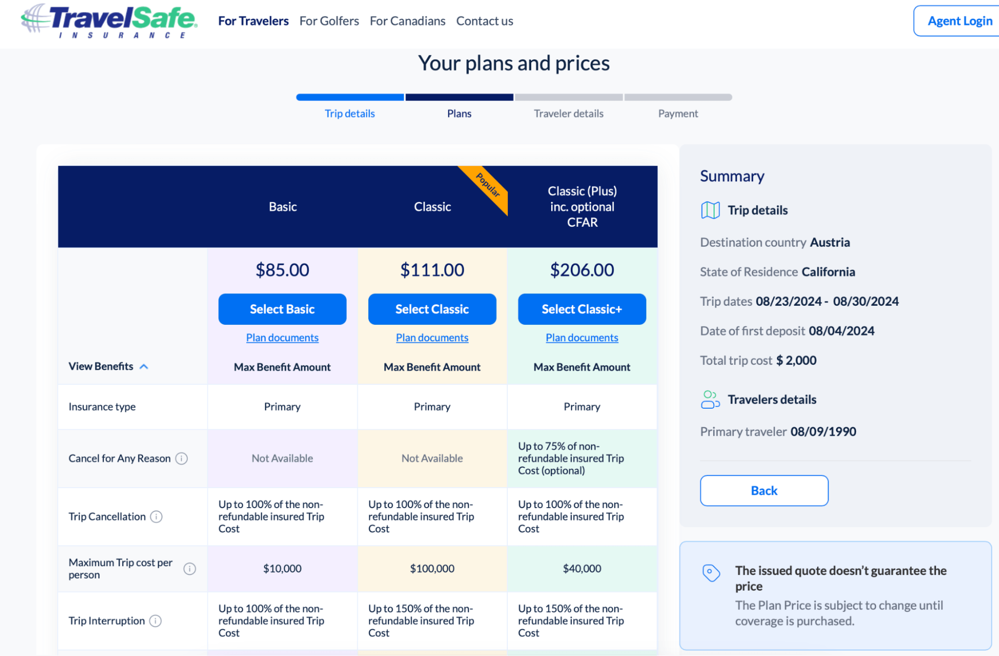 File, Webpage, Text Travelsafe Insurance plans and prices