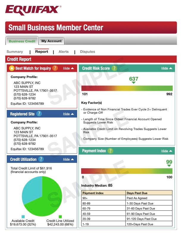 Sample of Equifax business credit report using. Click on the image to see the full sample report.