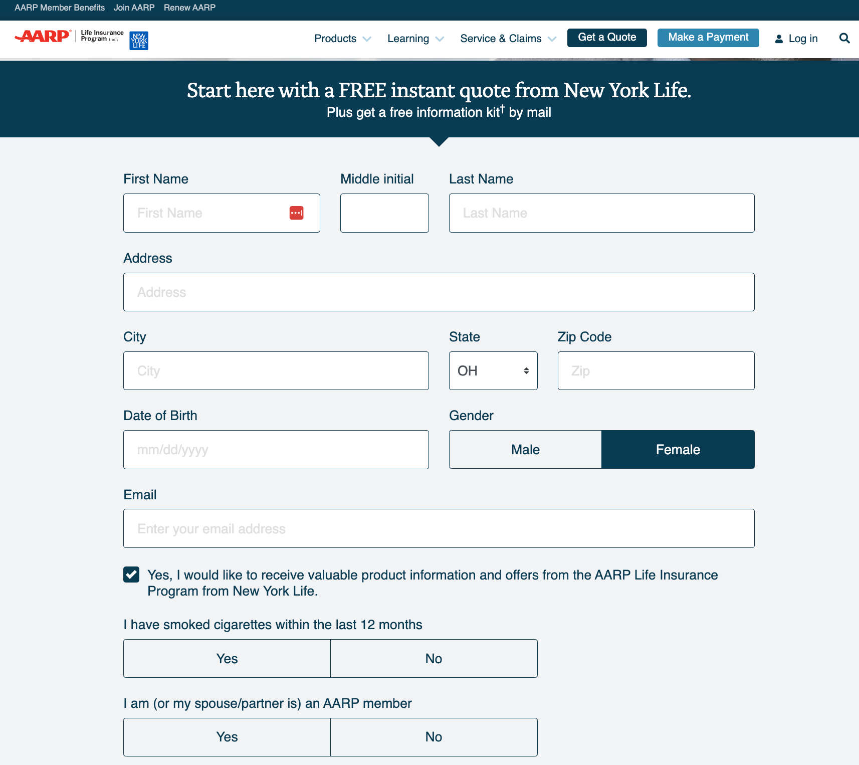 AARP life insurance quote page