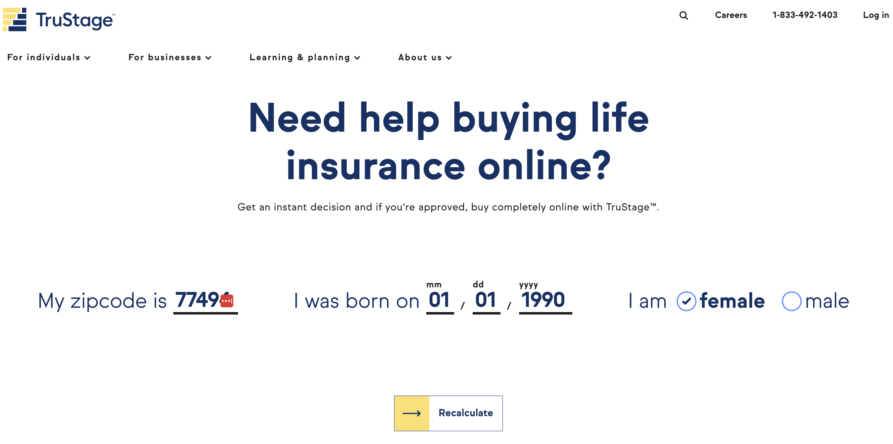 A screenshot of the life insurance quote process from TruStage.