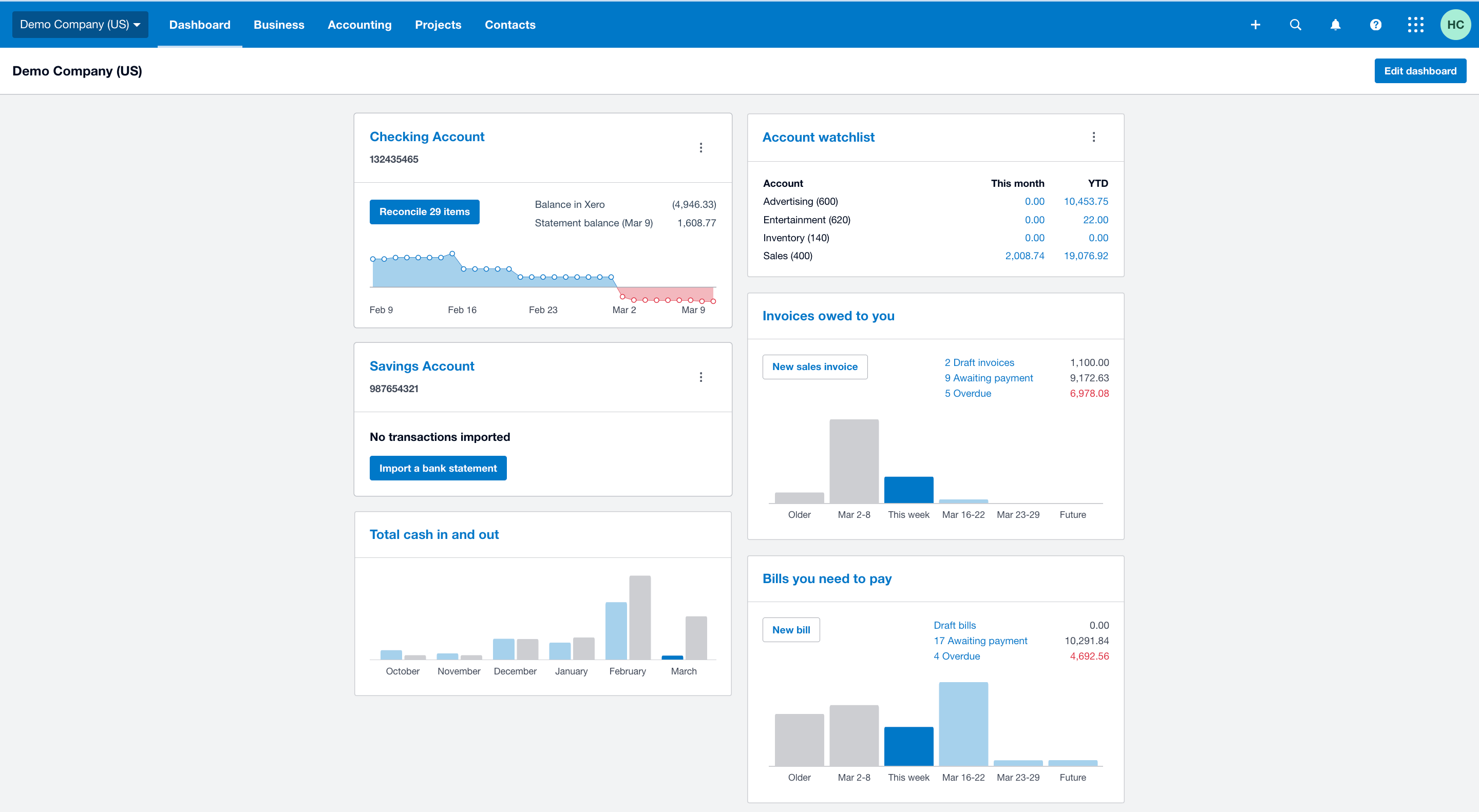 Xero dashboard