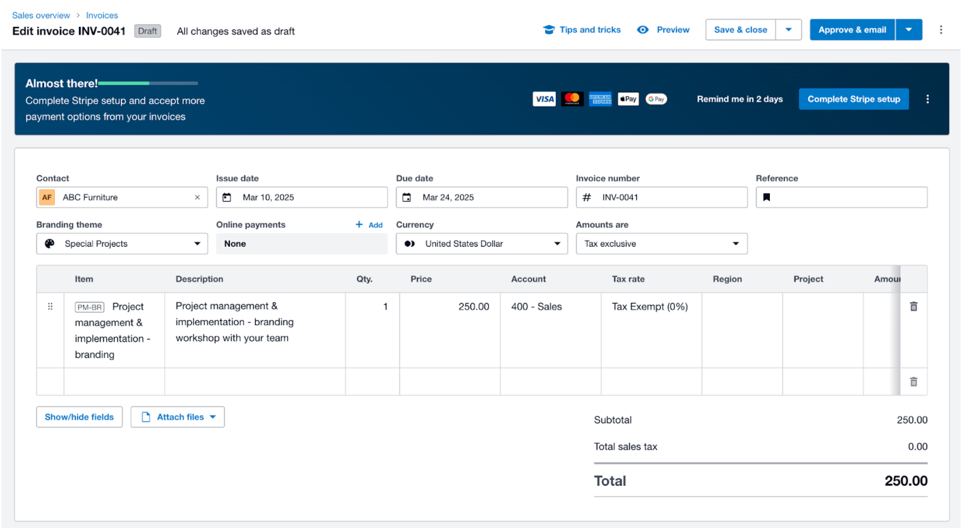 Xero's invoicing interface