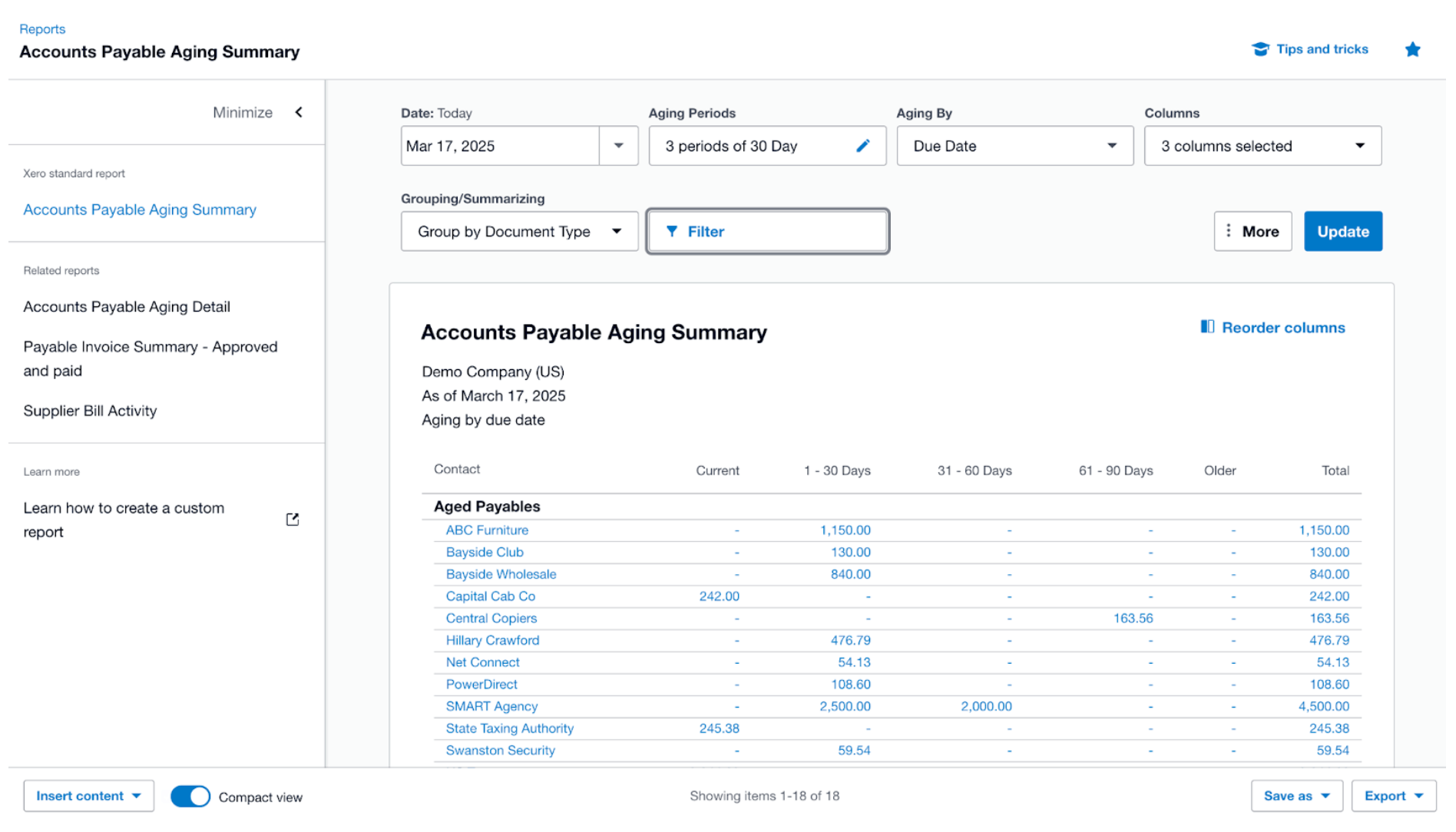 Xero's accounts payable aging report