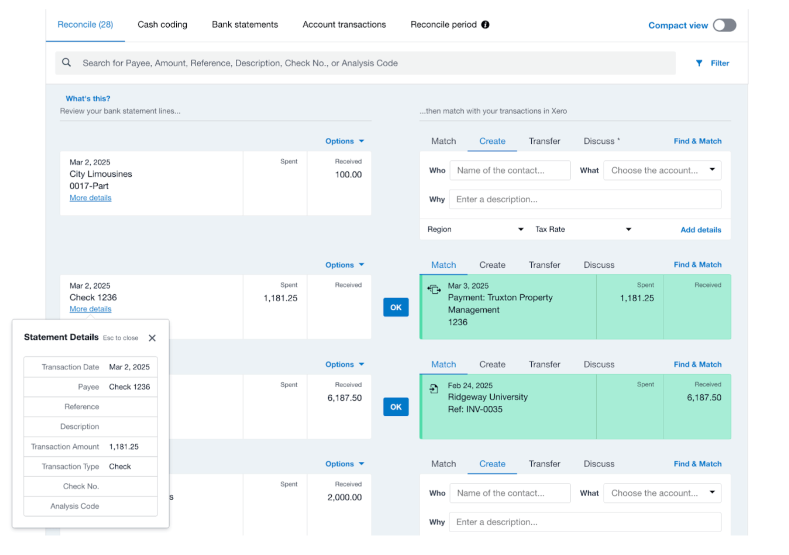 Xero's bank reconciliation screen