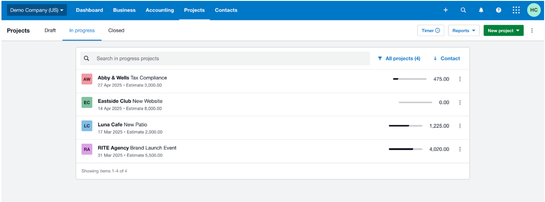 Xero's project tracking overview